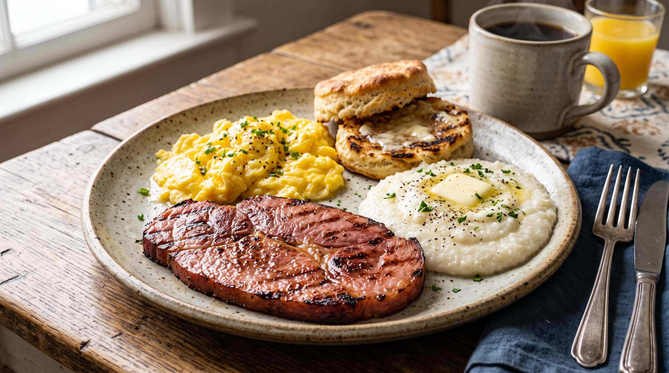 Country Ham & Eggs — Salty, hickory-smoked country ham with eggs.