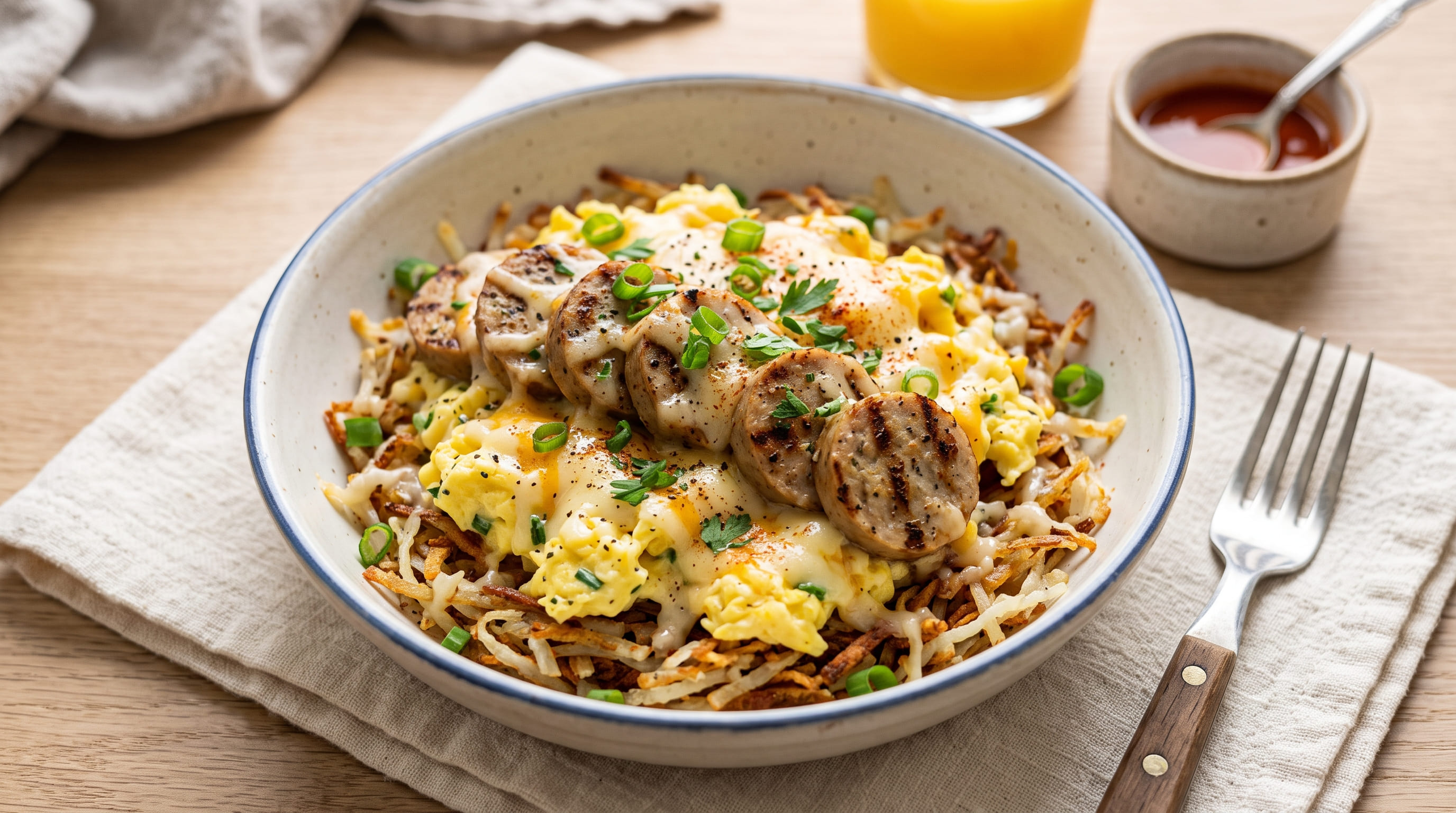 Chicken Sausage Egg & Cheese Hashbrown Bowl