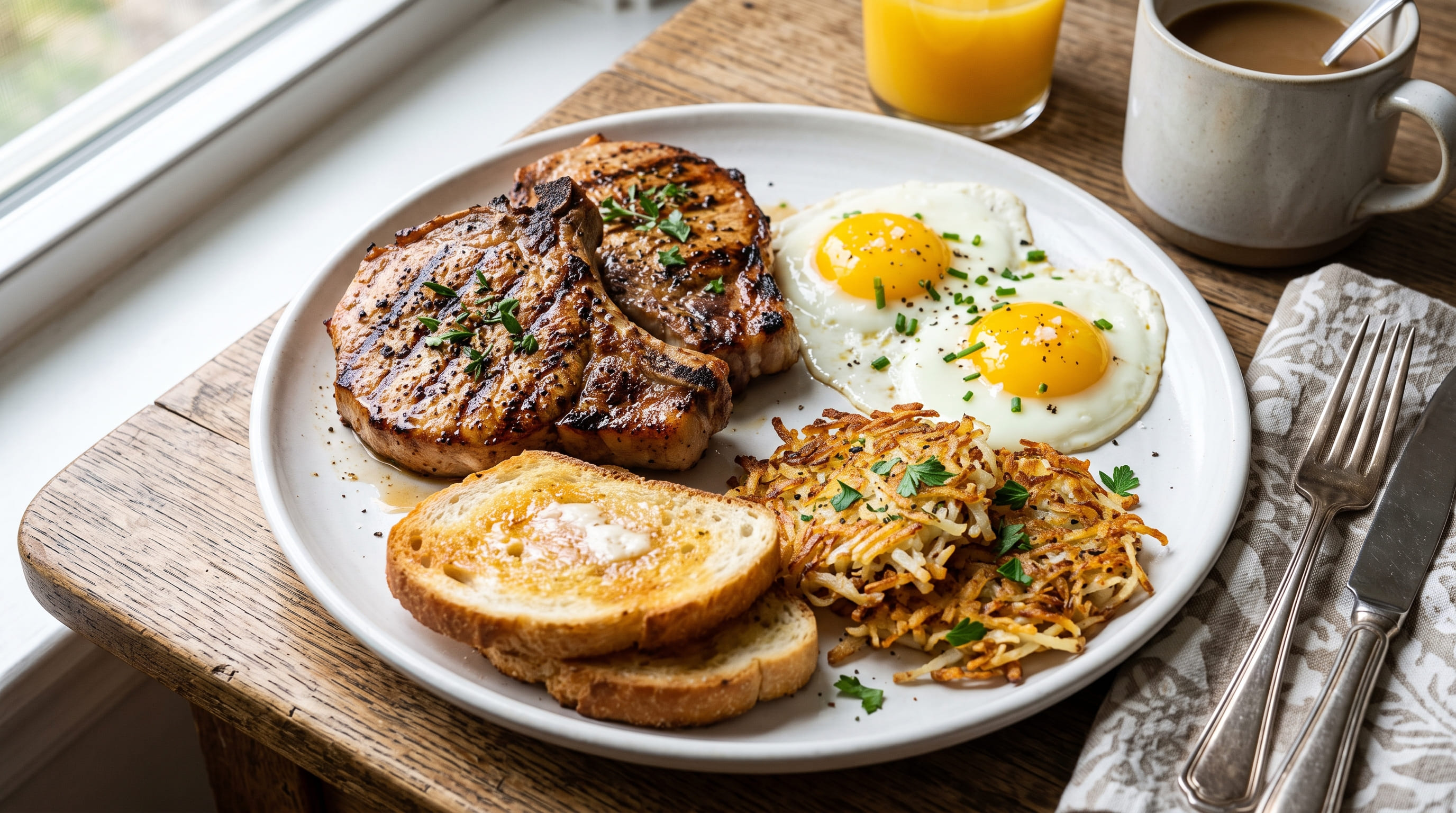 Pork Chops & Eggs — Two griddled pork chops with eggs.