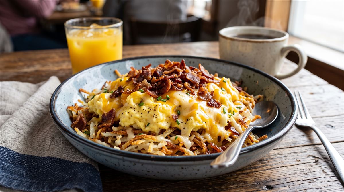 Warm Waffle House hashbrown bowl layered with eggs and cheese