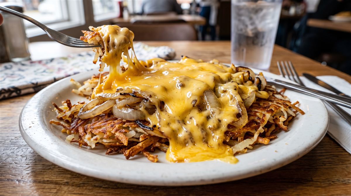 Plate of crispy shredded hashbrowns smothered with grilled sweet onions and covered in melted American cheese