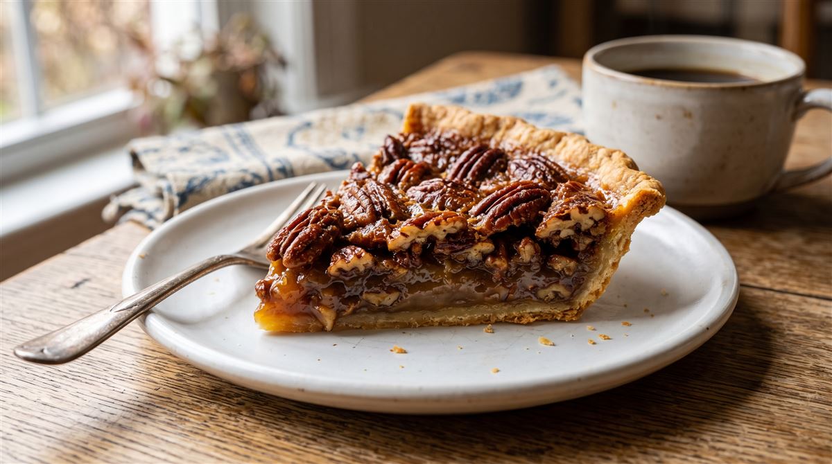 Slice of Southern Pecan Pie served on a diner plate on Thanksgiving