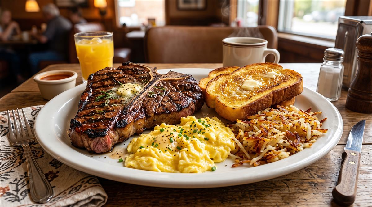 Sizzling steak and eggs dinner platter at Waffle House