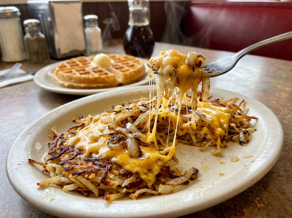 A fork pulling melted American cheese from a hot plate of Waffle House smothered and covered hashbrowns with a waffle in the background