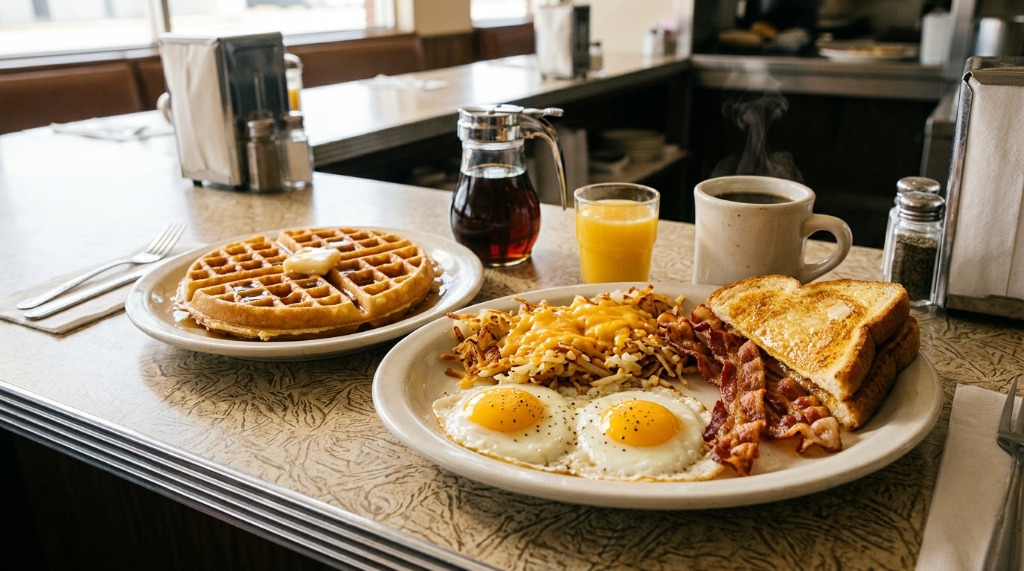 The complete Waffle House All-Star Special breakfast platter served on a diner table with waffle, eggs, bacon, toast, and hashbrowns