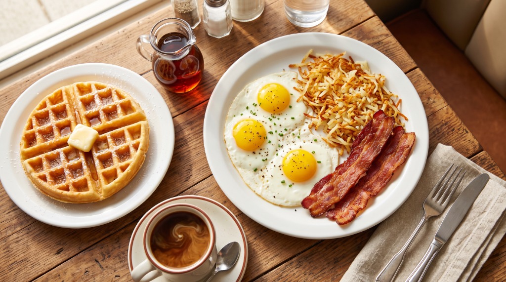 Waffle House All-Star Special breakfast platter showing a golden waffle, two eggs, crispy bacon, scattered hashbrowns, and toast on a diner table