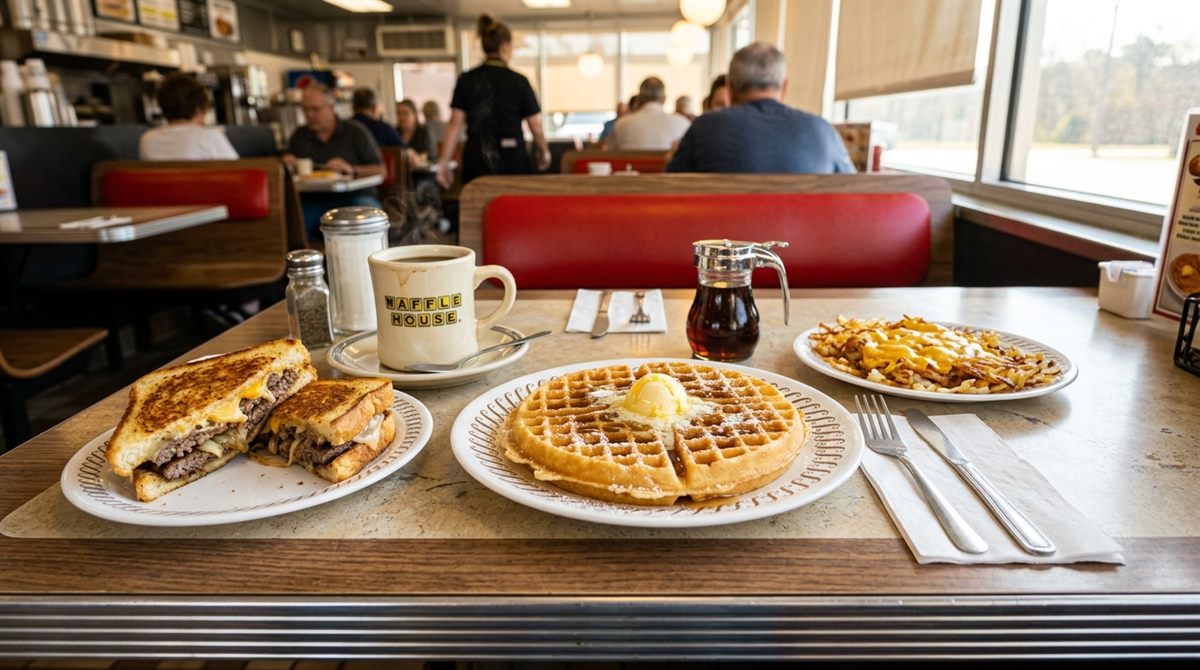Waffle House table spread with waffles, hashbrowns, patty melt, and hot coffee