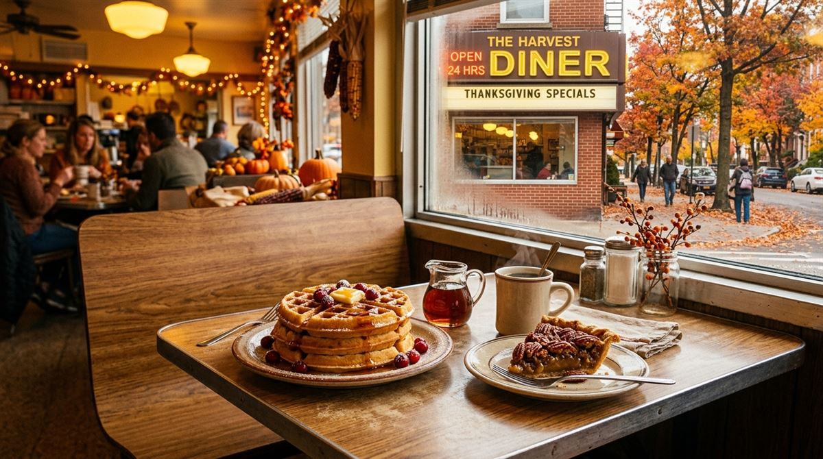 Cozy Thanksgiving morning diner table with golden waffles, pecan pie, and hot coffee by the window