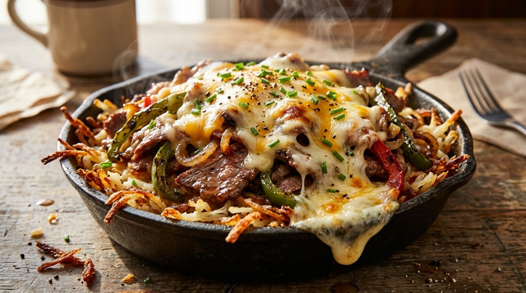 Cheesesteak Melt Hashbrown Bowl with grilled onions