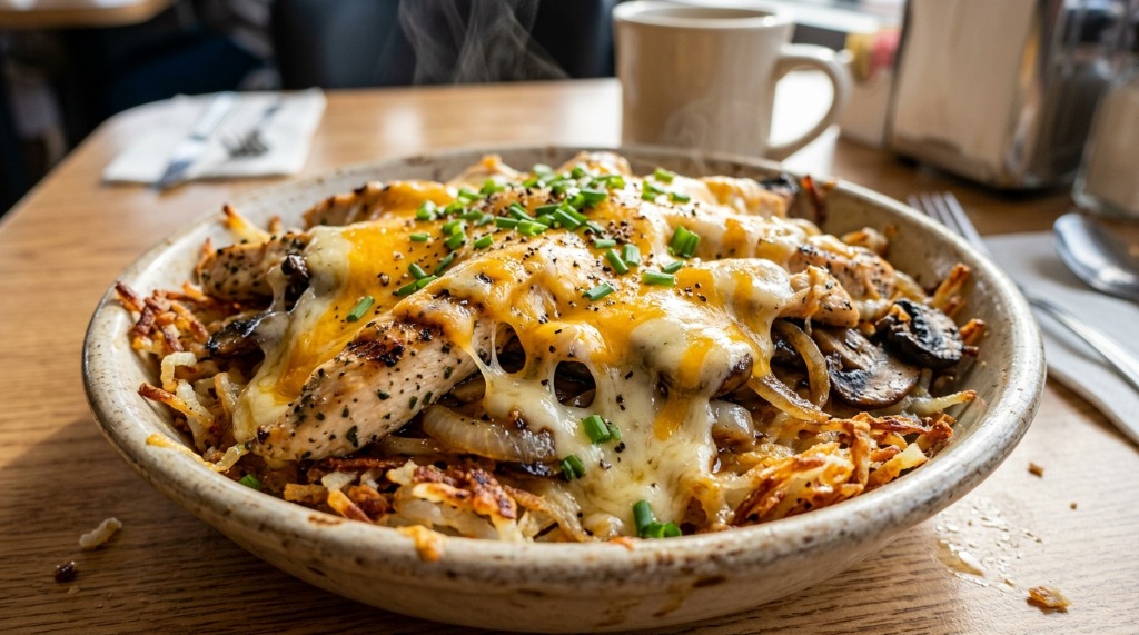 Chicken Melt Hashbrown Bowl with grilled chicken breast and melted cheese